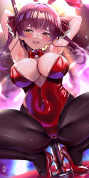 Rule 34 | 1girl, bare shoulders, blush, breasts, cleavage, hair ribbon, heterochromia, high heels, highres, hololive, houshou marine, large breasts, leotard, long hair, looking at viewer, mizuno kurage, open mouth, patent heels, playboy bunny, pole dancing, pumps, red eyes, red footwear, red hair, ribbon, shoes, smile, solo, stiletto heels, thighhighs, twintails, virtual youtuber, yellow eyes
