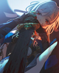 Rule 34 | 1girl, backlighting, bare legs, black gloves, blood, blood on clothes, blood on face, blue dress, commentary, dress, empty eyes, english commentary, expressionless, from below, full moon, gloves, highres, holding, holding sword, holding weapon, honkai: star rail, honkai (series), jingliu (honkai: star rail), kneeling, looking at viewer, looking down, moon, night, night sky, outdoors, red eyes, sidelocks, sky, solo, sword, tksm 66, watermark, weapon, white hair