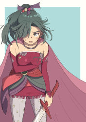Rule 34 | 1girl, absurdres, breasts, cape, dress, final fantasy, final fantasy vi, green eyes, green hair, haldeco, high ponytail, highres, holding, holding sword, holding weapon, medium breasts, pantyhose, parted bangs, red dress, sash, square enix, strapless, strapless dress, sword, tina branford, tube dress, weapon