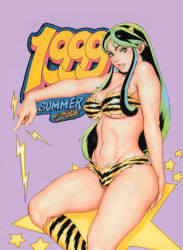 Rule 34 | 1990s (style), 1999, 1girl, abs, animal print, artist name, ass, ass grab, bandeau, bare shoulders, bikini, blue hair, boots, breasts, cleavage, covered erect nipples, crease, curvy, dated, fang, fingernails, gradient hair, green eyes, grin, horns, knee boots, large breasts, lightning, lips, long fingernails, long hair, looking at viewer, lum, multicolored hair, nail polish, navel, outstretched arm, parted bangs, pointing, pointy ears, purple background, retro artstyle, scan, simple background, sitting, smile, solo, star (symbol), swimsuit, thick thighs, thighs, tiger print, torn clothes, traditional media, tsukasa jun, underboob, urusei yatsura, very long hair, wide hips