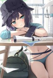 Rule 34 | 1girl, absurdres, bag, bikini, black hair, black hat, blue archive, blue bikini, blue eyes, blue jacket, blush, bucket hat, commentary, crop top, cropped jacket, gun, hat, hidulume, highres, jacket, leaning on table, looking at viewer, navel, official alternate costume, saki (blue archive), saki (swimsuit) (blue archive), shadow, short hair, shoulder bag, smile, solo, stomach, swimsuit, table, weapon