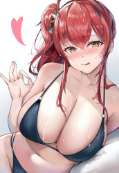 Rule 34 | 1girl, :q, arm behind back, azur lane, bare shoulders, bikini, black bikini, blush, breasts, brown hair, groin, hand up, highres, large breasts, mk.sweet, multi-strapped bikini, official alternate costume, ok sign, red hair, sidelocks, simple background, solo, swimsuit, tongue, tongue out, upper body, wet, white background, zara (azur lane), zara (poolside coincidence) (azur lane)