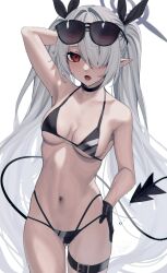 Rule 34 | 1girl, absurdres, arm behind head, arm up, bikini, black bikini, black gloves, blue archive, breasts, cowboy shot, demon tail, eyewear on head, gloves, grey hair, hair over one eye, hair ribbon, halo, hand on own hip, highres, iori (blue archive), iori (swimsuit) (blue archive), long hair, looking at viewer, medium breasts, multi-strapped bikini bottom, navel, official alternate costume, open mouth, pointy ears, red eyes, rerrere, ribbon, signature, simple background, solo, standing, stomach, sunglasses, swimsuit, tail, thigh strap, twintails, very long hair, wet, white background