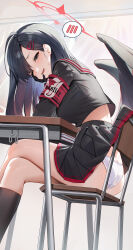 Rule 34 | 1girl, absurdres, accidental exposure, armband, ass, black gloves, black hair, black serafuku, black skirt, black socks, black wings, blue archive, chair, clothes lift, desk, elbow rest, from side, gloves, hair ornament, hairclip, half-closed eyes, halo, head rest, highres, hutosutoro, ichika (blue archive), miniskirt, open mouth, panties, pleated skirt, red armband, school chair, school desk, school uniform, serafuku, sitting, skirt, skirt lift, smile, socks, solo, spoken blush, thighs, underwear, white panties, wings