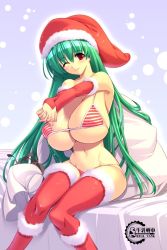 Rule 34 | 1girl, bikini, breasts, brown eyes, christmas, green hair, gunner-l, own hands clasped, huge breasts, one eye closed, own hands together, sack, santa costume, snow, solo, string bikini, swimsuit, thighhighs, wink