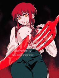 Rule 34 | 1girl, artist name, black necktie, black pants, blood, blood on clothes, blood on face, braid, braided ponytail, breasts, chainsaw man, claireiosity, collared shirt, dark background, fork, gradient background, hair over shoulder, highres, knife, large breasts, looking at viewer, makima (chainsaw man), medium hair, necktie, nosebleed, pants, red hair, ringed eyes, shirt, shirt tucked in, solo, thick thighs, thighs, white shirt, yellow eyes