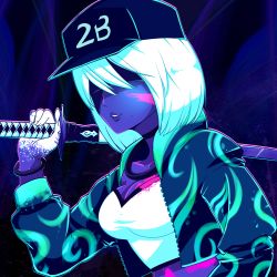 Rule 34 | 1girl, 2b (nier:automata), akali, akali (cosplay), baseball cap, black blindfold, black hat, black jacket, blindfold, bob cut, breasts, cleavage, colored skin, cosplay, crossover, hat, holding, holding sword, holding weapon, jacket, k/da (league of legends), k/da akali, katana, league of legends, long sleeves, mole, mole under mouth, neon lights, nier:automata, nier (series), purple background, purple skin, shirt, solo, sword, weapon, white hair, white shirt