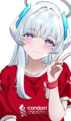 Rule 34 | 1girl, absurdres, blue archive, blush, closed mouth, commentary, grey hair, halo, headphones, highres, liverpool fc, looking at viewer, noa (blue archive), purple eyes, red shirt, shirt, sidelocks, solo, upper body, v, vayneeeee, white background