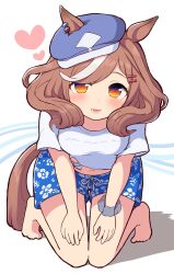 Rule 34 | 1girl, animal ears, barefoot, blue hat, blue shorts, blush, brown hair, cabbie hat, commentary request, ear ornament, ears through headwear, gaze on me! outfit (umamusume), hair between eyes, hair ornament, hairclip, hat, heart, highres, horse ears, horse girl, horse tail, looking at viewer, matikane tannhauser (umamusume), multicolored hair, on ground, scrunchie, shadow, shirt, shorts, simoyuki, simple background, smile, solo, streaked hair, tail, tied shirt, umamusume, unworn hair ornament, unworn hairclip, white background, white hair, white shirt, wrist scrunchie, yellow eyes