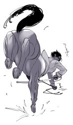 Rule 34 | 1boy, centaur, coat, dark-skinned male, dark skin, from behind, full body, golden kamuy, greyscale, hand up, highres, holding, holding sword, holding weapon, hooves, horse tail, koito otonoshin, long sleeves, looking at viewer, looking back, male focus, military uniform, monochrome, monster boy, monsterification, running, sheath, short hair, solo, sword, tail, taur, tsuruko turuta, uniform, unsheathing, weapon, white background