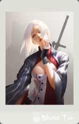 Rule 34 | 1girl, absurdres, artist name, belt, blue eyes, border, breasts, buttons, character name, cleavage, cleavage cutout, clothing cutout, coat, eyeshadow, fingerless gloves, girls&#039; frontline, gloves, gun, hair over one eye, half-closed eyes, hand on own cheek, hand on own face, head tilt, highres, impossible clothes, impossible leotard, leotard, lipstick, long sleeves, looking at viewer, makeup, medium breasts, mg5 (girls&#039; frontline), nail polish, parted lips, pink nails, short hair, sidelocks, solo, train hb, weapon, white hair, wide sleeves