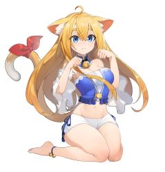 Rule 34 | 1girl, ahoge, animal ears, ankle bell, barefoot, bell, blonde hair, blue collar, blue eyes, bow, breasts, bustier, cat ears, cat girl, cat tail, chemise, choker, cleavage, collar, commentary request, detached collar, detached sleeves, full body, groin, hair between eyes, highres, long hair, medium breasts, midriff, navel, neck bell, original, paw ornament, paw pose, rang go, red bow, short eyebrows, shorts, sidelocks, smile, strapless, tail, tail bow, tail ornament, thighs, very long hair, white background, white shorts, white sleeves