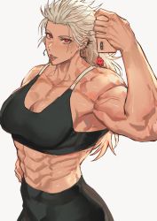 Rule 34 | 1girl, abs, breasts, cellphone, dorohedoro, earrings, highres, jewelry, long hair, looking at viewer, muscular, muscular female, noi (dorohedoro), park ongjol, phone, red eyes, selfie, simple background, smile, solo, sports bra, white hair