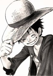 Rule 34 | 1boy, closed eyes, hand on headwear, hat, male focus, monkey d. luffy, monochrome, one piece, open clothes, open shirt, scar, shirt, simple background, smile, solo, straw hat, teeth, upper body, white background