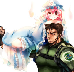 Rule 34 | 1boy, 1girl, blue dress, blue eyes, brown hair, carrying, chris redfield, dress, hat, hitodama, long sleeves, looking at viewer, military, military uniform, mob cap, nagare, pink eyes, pink hair, resident evil, resident evil 5, saigyouji yuyuko, smile, touhou, triangle mouth, uniform, veil, wide sleeves
