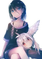 Rule 34 | 2girls, :&gt;, bad id, bad pixiv id, black hair, blue eyes, crossed legs, en@rain, feather hair, head wings, jewelry, lap pillow, multiple girls, necklace, original, pendant, red eyes, shirt, shorts, simple background, sitting, smile, t-shirt, white background, white hair, wings