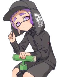 Rule 34 | 1girl, bamboozler 14 (splatoon), black hat, black jacket, black shorts, closed mouth, commentary request, hat, inkling, inkling girl, inkling player character, inuowour, invisible chair, jacket, nintendo, purple eyes, purple hair, short hair, shorts, simple background, sitting, solo, splatoon (series), splatoon 3, tentacle hair, thick eyebrows, weapon, white background, zipper, zipper pull tab