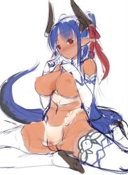 Rule 34 | 1girl, blue hair, blush, breasts, crotchless, crotchless panties, dark-skinned female, dark skin, demon girl, demon horns, dragon tail, elbow gloves, female pubic hair, gloves, hair ribbon, high heels, horns, large breasts, loincloth, long hair, looking at viewer, mel/a, nipples, original, panties, pointy ears, ponytail, pubic hair, pussy, red eyes, ribbon, see-through, sketch, solo, tail, thighhighs, uncensored, underwear, white gloves, white thighhighs