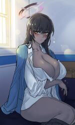 Rule 34 | 1girl, 2poet, absurdres, black hair, blue archive, blush, breasts, collarbone, dark-skinned female, dark skin, halo, highres, huge breasts, indoors, karin (blue archive), long hair, long sleeves, looking at viewer, no bra, on bed, open clothes, open shirt, shirt, sitting, solo, very long hair, white shirt, yellow eyes