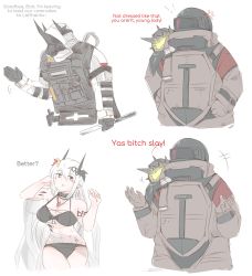 Rule 34 | !, !!, +++, abs, anger vein, arknights, armlet, bare shoulders, big bob (arknights), bikini, black bikini, black gloves, breadcrumble, breasts, brown gloves, bulletproof vest, cleavage, commentary, creature, creature on shoulder, earrings, english commentary, english text, gloves, highres, horns, jewelry, large breasts, laughing, long hair, mask, material growth, meme, motion lines, mudrock (arknights), mudrock (silent night) (arknights), navel, necklace, official alternate costume, on shoulder, originium slug (arknights), oripathy lesion (arknights), pointy ears, red eyes, see-through, shawl, silver hair, simple background, swimsuit, very long hair, waving, white background, yas bitch slay (meme)