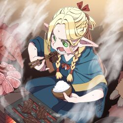 Rule 34 | 1girl, artist name, blonde hair, blush, bowl, braid, cape, chopsticks, cooking, dungeon meshi, earrings, elf, food, green eyes, grilling, hair ribbon, highres, holding, holding bowl, holding chopsticks, jewelry, marcille donato, meat, open mouth, pointy ears, ribbon, rice bowl, shapoco, sitting, solo, sweat, twin braids