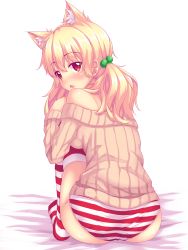 Rule 34 | 1girl, :o, animal ear fluff, animal ears, ass, bare shoulders, bed sheet, beige sweater, blonde hair, blush, cat ears, from behind, full body, hair bobbles, hair ornament, highres, knees to chest, knees up, long hair, long sleeves, looking back, low twintails, naala, no pants, nottytiffy, off-shoulder, off-shoulder sweater, off shoulder, open mouth, original, panties, red eyes, shiny skin, simple background, slit pupils, solo, striped clothes, striped panties, striped thighhighs, sweater, thighhighs, twintails, underwear, white background