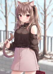 Rule 34 | 1girl, :o, animal ear fluff, animal ears, anz32, bag, bare shoulders, bare tree, black ribbon, black sweater, blurry, blurry background, blush, brown hair, brown skirt, cat ears, cat girl, cat tail, commentary request, day, depth of field, hair between eyes, hair ornament, hair ribbon, hairclip, holding, holding bag, long hair, long sleeves, looking at viewer, nail polish, nina (anz32), one side up, original, outdoors, paper bag, parted lips, pink nails, puffy long sleeves, puffy sleeves, railing, red eyes, ribbed sweater, ribbon, skirt, solo, sweater, tail, tail grab, tree, turtleneck, turtleneck sweater, twitter username, valentine, x hair ornament
