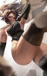 Rule 34 | 1girl, absurdres, ass, bleach, breasts, dark-skinned female, dark skin, highres, large breasts, long hair, ponytail, shihouin yoruichi, solo, thick thighs, thighs