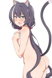 Rule 34 | 1girl, animal ear fluff, animal ears, ass, blush, breasts, cat ears, cat girl, cat tail, covering nipples, covering privates, fang, green eyes, karyl (princess connect!), long hair, low twintails, medium breasts, multicolored hair, open mouth, princess connect!, purple hair, seihekiog, sideboob, sidelocks, simple background, skin fang, solo, sweatdrop, tail, twintails, white background