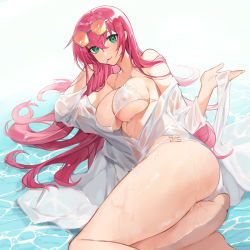 Rule 34 | 1girl, arm support, ass, azur lane, bare legs, bikini, blush, breasts, chinese commentary, cleavage, closed mouth, covered erect nipples, dress, eyewear on head, feet out of frame, green eyes, hair between eyes, large breasts, legs together, lips, long hair, looking at viewer, lying, mouth hold, nipples, official alternate costume, on side, orange-tinted eyewear, partially submerged, pink hair, see-through, simple background, smile, solo, string bikini, sunglasses, surcouf (azur lane), surcouf (loisirs balneaires) (azur lane), swimsuit, thighs, tinted eyewear, wet, wet clothes, white-framed eyewear, white background, white bikini, white dress, yayako (804907150)