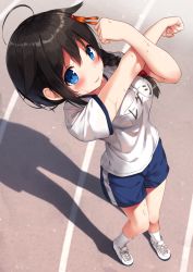 Rule 34 | 1girl, ahoge, black hair, blue eyes, blue shorts, blush, braid, breasts, collarbone, commentary request, day, ezoshika, from above, full body, gym shirt, gym uniform, hair between eyes, hair flaps, hair ornament, hair over shoulder, highres, kantai collection, long hair, looking at viewer, looking up, medium breasts, name tag, outdoors, parted lips, perspective, shadow, shigure (kancolle), shigure kai ni (kancolle), shirt, shoes, short shorts, short sleeves, shorts, side braid, sidelocks, single braid, smile, socks, solo, standing, stretching, sweat, white footwear, white shirt, white socks