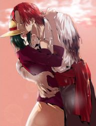 Rule 34 | 1boy, 1girl, amputee, artist request, blood, breasts, crying, facial hair, green hair, hat, highres, hug, injury, long hair, looking at another, makino (one piece), manly, one piece, pectorals, red hair, sad, shanks (one piece), simple background, size difference, smile, straw hat, teardrop, tears, very long hair, wet