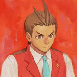 Rule 34 | 1boy, ace attorney, antenna hair, apollo justice, apollo justice: ace attorney, blue necktie, brown eyes, brown hair, closed mouth, collared shirt, forehead, forked eyebrows, godzillapigeon1, highres, male focus, matching hair/eyes, necktie, pin, red background, red theme, red vest, shirt, short hair, simple background, solo, upper body, v-shaped eyebrows, vest, white shirt