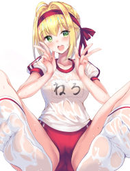 Rule 34 | 1girl, :d, ahoge, bad id, bad pixiv id, blonde hair, blush, braid, buruma, clothes writing, double v, fate (series), feet, green eyes, gym uniform, hair intakes, headband, heart, heart-shaped pupils, highres, kneehighs, looking at viewer, nero claudius (fate), nero claudius (fate) (all), nero claudius (fate/extra), nero claudius (olympian bloomers) (fate), no shoes, official alternate costume, open mouth, ponytail korosuke, puffy short sleeves, puffy sleeves, red buruma, see-through, shirt, short sleeves, simple background, sitting, smile, socks, soles, solo, spread legs, symbol-shaped pupils, thighs, toes, tongue, v, wet, wet clothes, wet shirt, white background, white socks