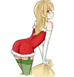 Rule 34 | 10s, 1girl, alternate costume, ass, bare shoulders, bell, bell earrings, blonde hair, brown eyes, earrings, elbow gloves, from behind, garter straps, gloves, green thighhighs, hair down, ibarazaki emi, jewelry, katawa shoujo, leaning forward, long hair, looking back, sack, santa costume, simple background, smile, solo, thighhighs, twrlare, white background, white gloves