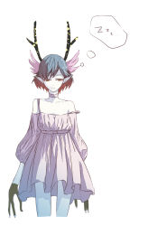Rule 34 | 10s, 1girl, antlers, bare shoulders, blue hair, bob cut, c (control), choker, detached sleeves, dress, gradient hair, head wings, horns, kelvin926, monster girl, multicolored hair, pale skin, pointy ears, q (control), red eyes, red hair, sleepy, solo, thought bubble, wings, zzz