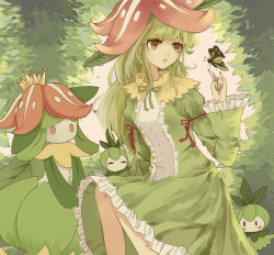 Rule 34 | 4girls, animal, blush stickers, bug, butterfly, chocolate (jitong), closed eyes, creatures (company), crown, dress, dual persona, female focus, flower, frills, game freak, gen 5 pokemon, green dress, green hair, green nails, green theme, hat, insect, leaf, lilligant, long sleeves, monster girl, multiple girls, nail polish, neck ribbon, nintendo, open mouth, outdoors, personification, petilil, plant girl, pokemon, red eyes, ribbon, sitting, tree