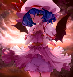 Rule 34 | 1girl, backlighting, bat wings, bloomers, blue hair, female focus, hat, head tilt, kasutaso, open mouth, own hands together, red eyes, remilia scarlet, short hair, shy, solo, sunset, touhou, underwear, wings, wrist cuffs