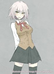 Rule 34 | 1girl, arms behind back, black skirt, black thighhighs, blazer, blouse, blush, breasts, collared shirt, cosplay, cowboy shot, embarrassed, eyes visible through hair, fate/apocrypha, fate/grand order, fate (series), grey background, hair between eyes, homurahara academy school uniform, jacket, jeanne d&#039;arc (fate), jeanne d&#039;arc (ruler) (fate), jeanne d&#039;arc alter (avenger) (fate), jeanne d&#039;arc alter (fate), konoe ototsugu, large breasts, neck ribbon, red ribbon, ribbon, ruler (fate/grand order), school uniform, shirt, short hair, silver hair, sketch, skirt, solo, sweatdrop, thighhighs, twitter username, watermark, wavy mouth, white shirt, yellow eyes, zettai ryouiki