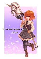 Rule 34 | 1girl, 2014, bad id, bad pixiv id, black pantyhose, blush, boots, brown footwear, gradient background, happy new year, highres, holding, holding staff, kosai takayuki, looking at viewer, nengajou, new year, open mouth, original, outside border, pantyhose, purple background, purple eyes, red hair, short hair, smile, solo, staff, wavy hair, white background