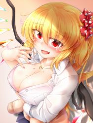 Rule 34 | 1girl, alternate breast size, blonde hair, blush, bra, breasts, cleavage, fang, flandre scarlet, hair ribbon, highres, jewelry, large breasts, long hair, looking at viewer, marukyuu ameya, nail polish, necklace, open mouth, pink bra, pointy ears, polka dot, polka dot ribbon, red eyes, red nails, red ribbon, ribbon, shadow, shirt, side ponytail, smile, solo, touhou, underwear, white shirt, wings