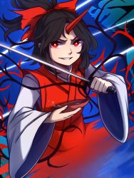 Rule 34 | 1girl, alcohol, black hair, bow, bright pupils, commentary, cup, grin, hair bow, highres, holding, holding sword, holding weapon, horns, japanese clothes, katana, kimono, konngara (touhou), long sleeves, looking at viewer, ponytail, red bow, red eyes, red kimono, sakazuki, sake, short hair, single horn, smile, solo, speckticuls, sword, touhou, touhou (pc-98), v-shaped eyebrows, weapon, white pupils, wide sleeves