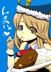 Rule 34 | 1girl, bare shoulders, blue background, blue eyes, brown hair, castlevania (series), castlevania: harmony of despair, castlevania: portrait of ruin, charlotte aulin, crown, curry, curry rice, fingerless gloves, food, food on face, gloves, heart, long hair, onija tarou, plate, rice, simple background, solo, spoon