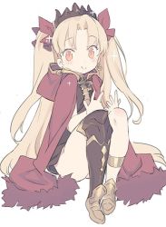 Rule 34 | 1girl, asymmetrical legwear, black thighhighs, blade (galaxist), blonde hair, blush, brown dress, cloak, closed mouth, commentary request, dress, earrings, ereshkigal (fate), fate/grand order, fate (series), full body, gold footwear, hair intakes, hair ribbon, headdress, hood, hooded cloak, hoodie, jewelry, long hair, looking at viewer, orange eyes, red cloak, red ribbon, ribbon, shoes, simple background, single thighhigh, sitting, smile, solo, sparkle, tareme, thighhighs, tohsaka rin, two side up, uneven legwear, very long hair, white background