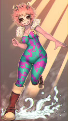 Rule 34 | 1girl, acid, ashido mina, bare shoulders, black sclera, boku no hero academia, boots, breasts, brown background, brown footwear, brown vest, cleavage, clenched hand, collarbone, colored sclera, colored skin, commentary, foreshortening, full body, fur-trimmed vest, fur trim, goggles, green unitard, grin, hand up, highres, horns, knee boots, looking at viewer, medium breasts, messy hair, outstretched arms, parted lips, pink hair, pink skin, pink unitard, rimviolet, running, shadow, short hair, sleeveless, smile, solo, splashing, steam, thigh gap, two-tone unitard, unitard, vest, wavy hair, wide hips, yellow eyes