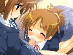 Rule 34 | 2girls, all fours, ass, bare legs, bent over, blue jacket, blue skirt, blush, breasts, brown eyes, brown hair, censored, closed eyes, closed mouth, cum, cum in mouth, ejaculation, emily (pure dream), erection, fellatio, futa with female, futanari, hair ribbon, hair tie, happy, high ponytail, hirasawa ui, hirasawa yui, incest, jacket, k-on!, kneeling, long hair, looking at another, looking down, matching hair/eyes, medium breasts, multiple girls, oral, orgasm, penis, pleated skirt, ponytail, ribbon, school uniform, shirt, short hair, siblings, sisters, sitting, skirt, smile, spread legs, tears, white shirt, yellow ribbon