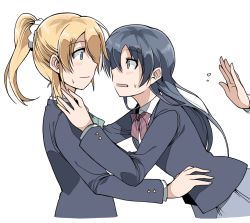 Rule 34 | 10s, 2girls, ayase eli, blazer, blonde hair, blue eyes, blue hair, blush, clipe, eye contact, jacket, long hair, looking at another, love live!, love live! school idol project, multiple girls, ponytail, school uniform, simple background, sonoda umi, white background, yuri