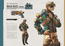 Rule 34 | 1boy, alternate costume, animification, apex legends, black footwear, blonde hair, blue jacket, boots, brown gloves, censored, censored text, dark-skinned male, dark skin, facial hair, gloves, goatee, goggles, goggles on head, green eyes, gun, hand on own hip, handgun, highres, jacket, mirage (apex legends), pants, pectoral cleavage, pectorals, revolver, scar, scar across eye, scar on face, scar on nose, shiny clothes, smile, solo, thigh boots, thundergotch, weapon, yellow pants, zoom layer
