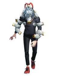 Rule 34 | 1boy, absurdres, arm grab, black pants, black shirt, boku no hero academia, collarbone, commentary request, full body, grey hair, hand on own face, highres, himmel (allsky83), long sleeves, looking at viewer, male focus, multiple hands, pants, red eyes, red footwear, shigaraki tomura, shirt, shoes, short hair, simple background, sneakers, solo, white background