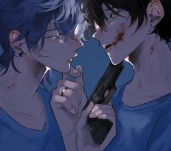 Rule 34 | 2boys, at gunpoint, bite mark, black hair, blood, blood on face, blue background, blue eyes, blue hair, blue skirt, earrings, green eyes, gun, hand on another&#039;s chin, highres, holding, holding gun, holding weapon, jewelry, lip piercing, looking at another, male focus, multiple boys, open mouth, original, pafujojo, piercing, ring, shirt, short hair, skirt, t-shirt, upper body, weapon, yaoi